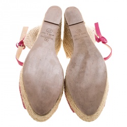 Pre Owned Valentino Pink Studded Leather Espadrille Wedge Ankle Strap Sandals Size 37