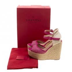 Pre Owned Valentino Pink Studded Leather Espadrille Wedge Ankle Strap Sandals Size 37