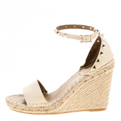 Pre Owned Valentino Ivory Leather Rockstud Espadrille Wedge Sandals Size 38