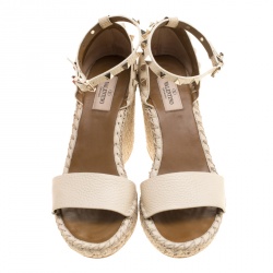 Pre Owned Valentino Ivory Leather Rockstud Espadrille Wedge Sandals Size 38
