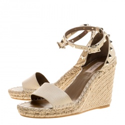 Pre Owned Valentino Ivory Leather Rockstud Espadrille Wedge Sandals Size 38