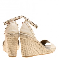 Pre Owned Valentino Ivory Leather Rockstud Espadrille Wedge Sandals Size 38