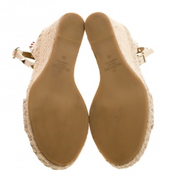 Pre Owned Valentino Ivory Leather Rockstud Espadrille Wedge Sandals Size 38