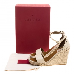 Pre Owned Valentino Ivory Leather Rockstud Espadrille Wedge Sandals Size 38