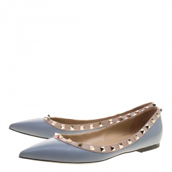 Pre Owned Valentino Grey Leather Rockstud Pointed Toe Ballet Flats Size 40