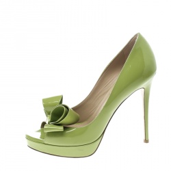 Pre Owned Valentino Lime Green Patent Leather Couture Bow Peep Toe Platform Pumps Size 38