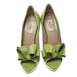 Pre Owned Valentino Lime Green Patent Leather Couture Bow Peep Toe Platform Pumps Size 38
