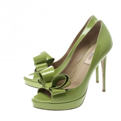 Pre Owned Valentino Lime Green Patent Leather Couture Bow Peep Toe Platform Pumps Size 38