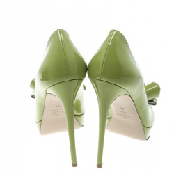 Pre Owned Valentino Lime Green Patent Leather Couture Bow Peep Toe Platform Pumps Size 38