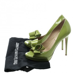 Pre Owned Valentino Lime Green Patent Leather Couture Bow Peep Toe Platform Pumps Size 38