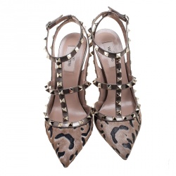 Pre Owned Valentino Beige Calf Hair and Leather Fucile Al Campion Rockstud Sandals Size 39