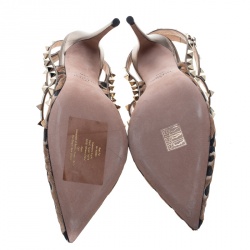 Pre Owned Valentino Beige Calf Hair and Leather Fucile Al Campion Rockstud Sandals Size 39.5