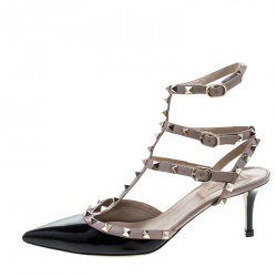 Valentino Black and Beige Patent Leather Rockstud Ankle Strap Sandals Size 41