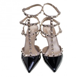 Pre Owned Valentino Black and Beige Patent Leather Rockstud Ankle Strap Sandals Size 41