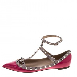 Pre Owned Valentino Pink Patent Leather Rockstud Pointed Toe Ballet Flats Size 41