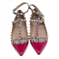 Pre Owned Valentino Pink Patent Leather Rockstud Pointed Toe Ballet Flats Size 41