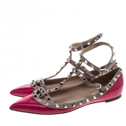 Pre Owned Valentino Pink Patent Leather Rockstud Pointed Toe Ballet Flats Size 41