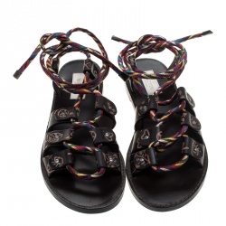 Pre Owned  Valentino Brown Leather Santeria Lace Up Sandals Size 38