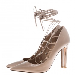 Pre Owned Valentino Beige Leather Rockstud Lace Up Pointed Toe Pumps Size 38