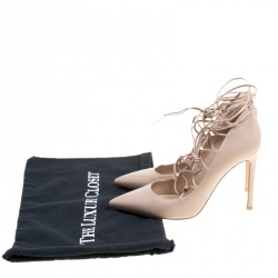 Pre Owned Valentino Beige Leather Rockstud Lace Up Pointed Toe Pumps Size 38