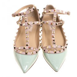 Pre Owned Valentino Green Patent Leather Rockstud Ballet Flats Size 37