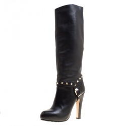 Pre Owned Valentino Black Leather Rockstud Knee High Boots Size 40