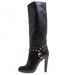 Pre Owned Valentino Black Leather Rockstud Knee High Boots Size 40