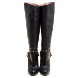 Pre Owned Valentino Black Leather Rockstud Knee High Boots Size 40
