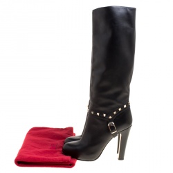 Pre Owned Valentino Black Leather Rockstud Knee High Boots Size 40