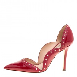 Pre Owned Valentino Burgundy Patent Leather Studded Scallop Trim Pointed Toe Pumps Size 36