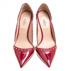 Pre Owned Valentino Burgundy Patent Leather Studded Scallop Trim Pointed Toe Pumps Size 36