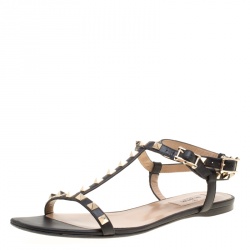Pre Owned Valentino Black Leather Rockstud T Strap Flat Sandals Size 39