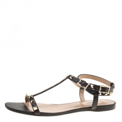 Pre Owned Valentino Black Leather Rockstud T Strap Flat Sandals Size 39