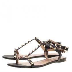 Pre Owned Valentino Black Leather Rockstud T Strap Flat Sandals Size 39