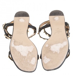 Pre Owned Valentino Black Leather Rockstud T Strap Flat Sandals Size 39