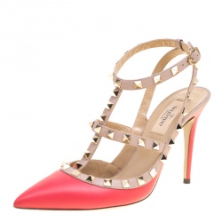Pre Owned Valentino Coral Red and Beige Patent Leather Rockstud Sandals Size 38