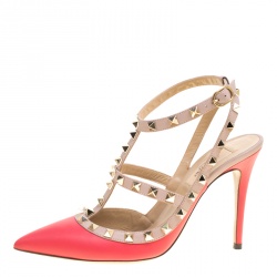 Pre Owned Valentino Coral Red and Beige Patent Leather Rockstud Sandals Size 38