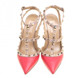 Pre Owned Valentino Coral Red and Beige Patent Leather Rockstud Sandals Size 38