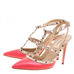 Pre Owned Valentino Coral Red and Beige Patent Leather Rockstud Sandals Size 38