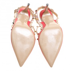 Pre Owned Valentino Coral Red and Beige Patent Leather Rockstud Sandals Size 38