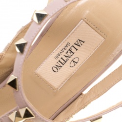 Pre Owned Valentino Coral Red and Beige Patent Leather Rockstud Sandals Size 38