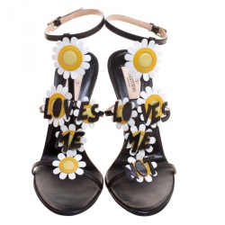 Pre Owned Valentino Black Leather Love Me Daisy Flower Embellished Strappy Sandals Size 38