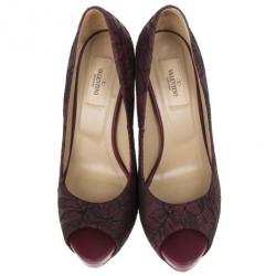 Pre Owned Valentino Purple Lace Peep Toe Pumps Size 39.5