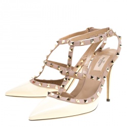 Pre Owned Valentino White and Beige Patent Leather Rockstud Sandals Size 41.5