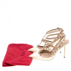 Pre Owned Valentino White and Beige Patent Leather Rockstud Sandals Size 41.5