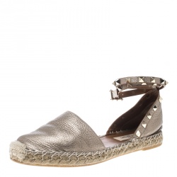 Pre Owned Valentino Metallic Beige Leather Rockstud Espadrilles Size 37