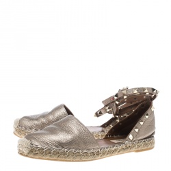 Pre Owned Valentino Metallic Beige Leather Rockstud Espadrilles Size 37