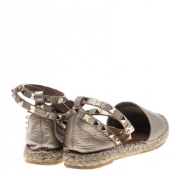Pre Owned Valentino Metallic Beige Leather Rockstud Espadrilles Size 37