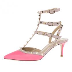 Pre Owned Valentino Pink Leather Rockstud Sandals Size 37