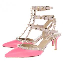 Pre Owned Valentino Pink Leather Rockstud Sandals Size 37